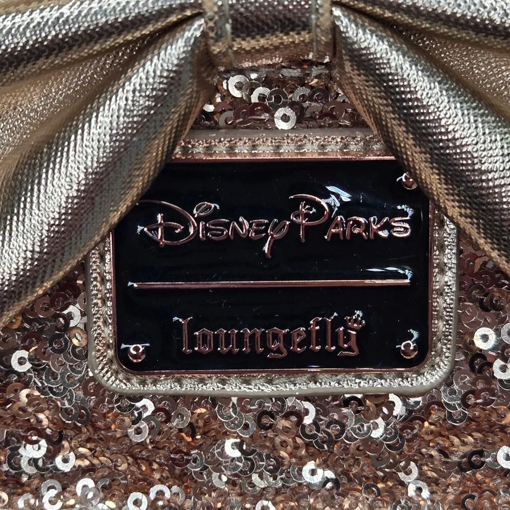 Loungefly Disney Parks Rose Gold Sequin Minnie Mouse Backpack Bow Ears Purse‎